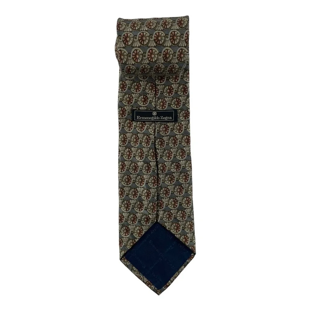 Ermenegildo Zegna Gray Tan Orange Medallion Pure Silk Tie 3.75 Inch Width